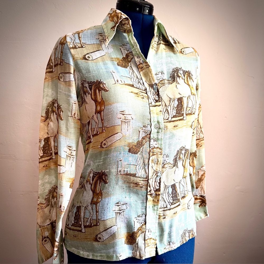 Vintage Horse Print Button Down Long Sleeve Shirt